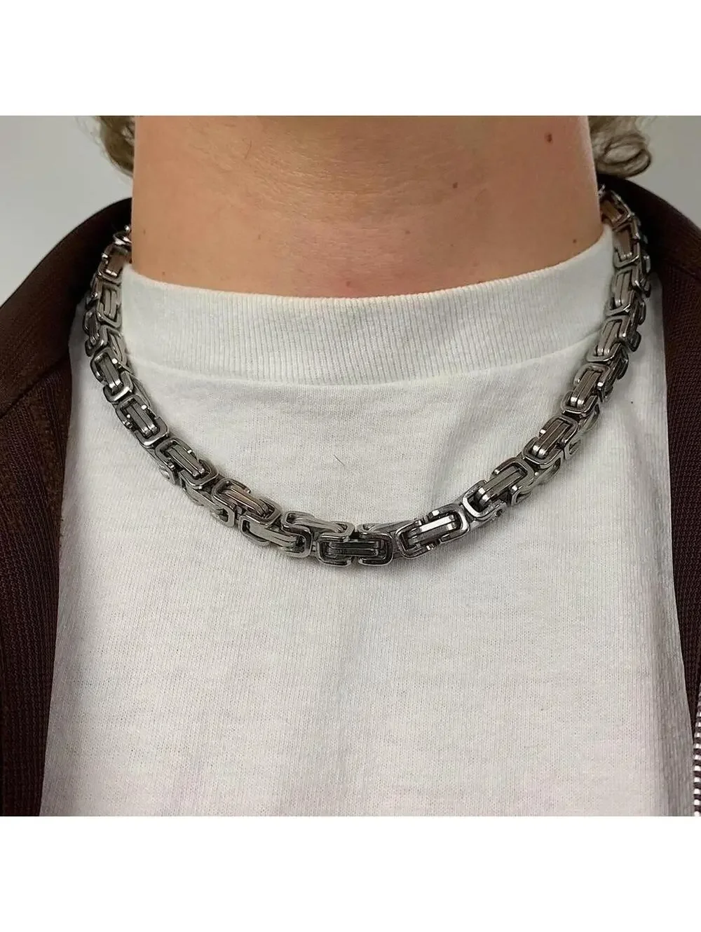 Y2k Cyber Punk style Silver stainless steel interlocked link chain necklace